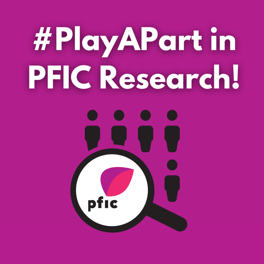 an illustration of a magnifying glass with the pfic network logo and the words #PlayAPart in PFIC research! 